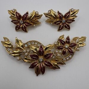 Avon Christmas Poinsettia Brooch Earrings Set Gold Tone Rhinestone Pearl Holiday